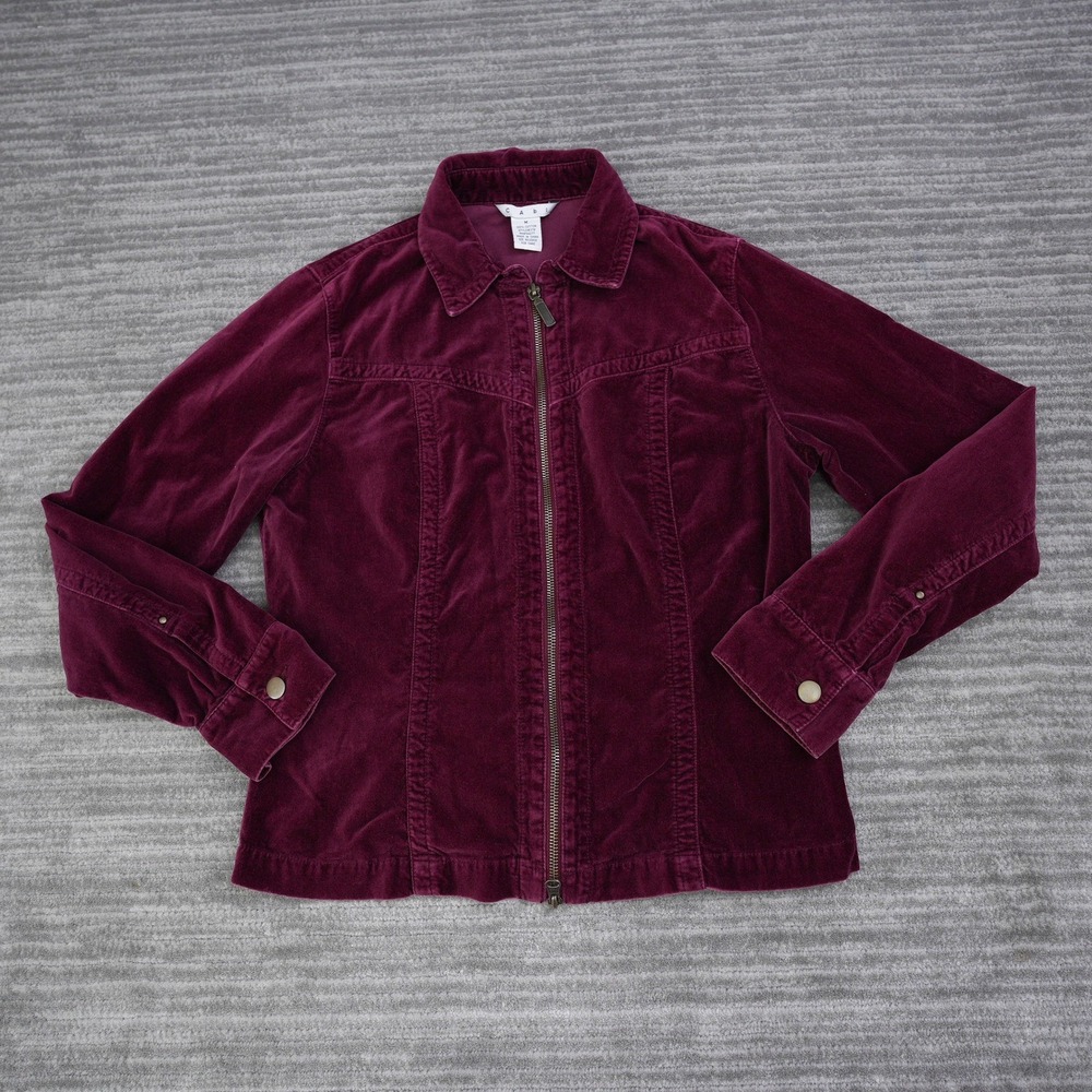 Cabi Burgundy Plum Velvet Zip Up Jacket Style 379 Women's Medium Cotton‎ Collar